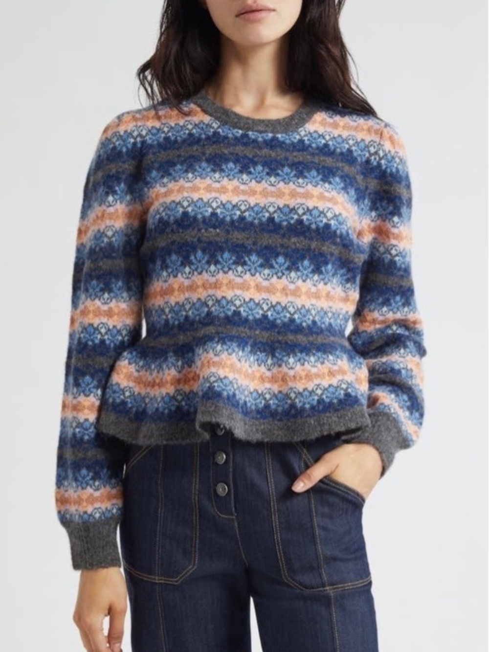 Cinq à Sept Evelyn Stripe Peplum Crewneck Wool Blend Sweater Charcoal Multi SZXL